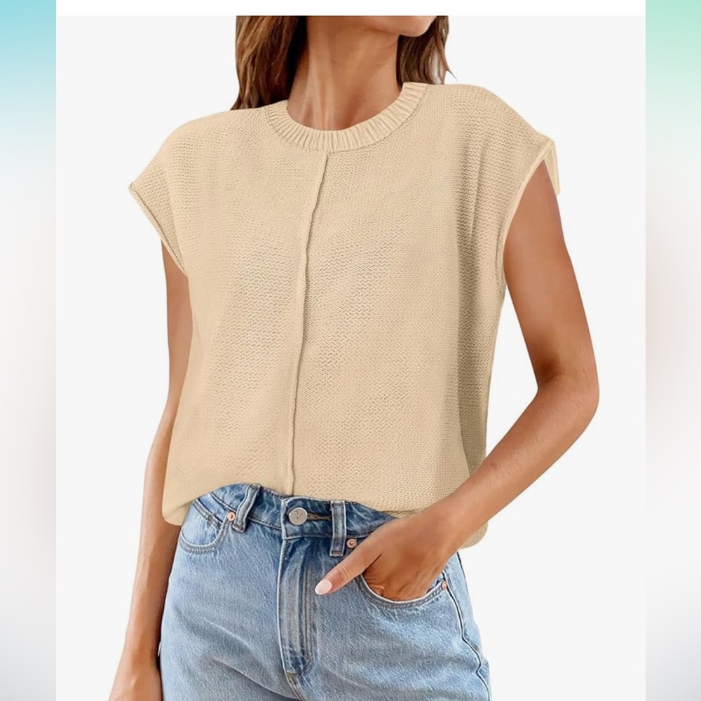 Summer Cap Sleeve Crewneck Tops Casual Loose Fit Knit Sweater Tank Top